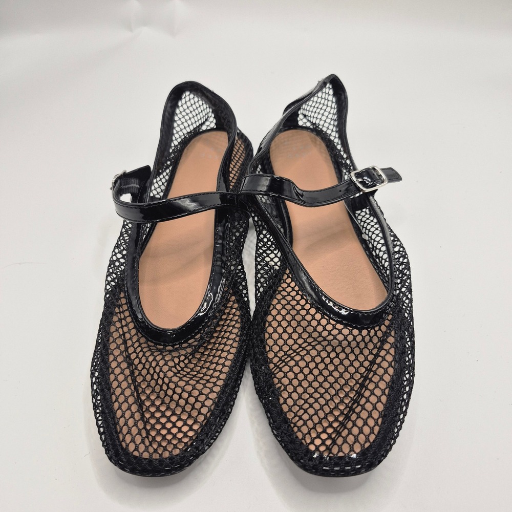 Wild Fable Black Mesh Mary Jane Flats Patent Trim Buckle Strap Shoes Womens 10
